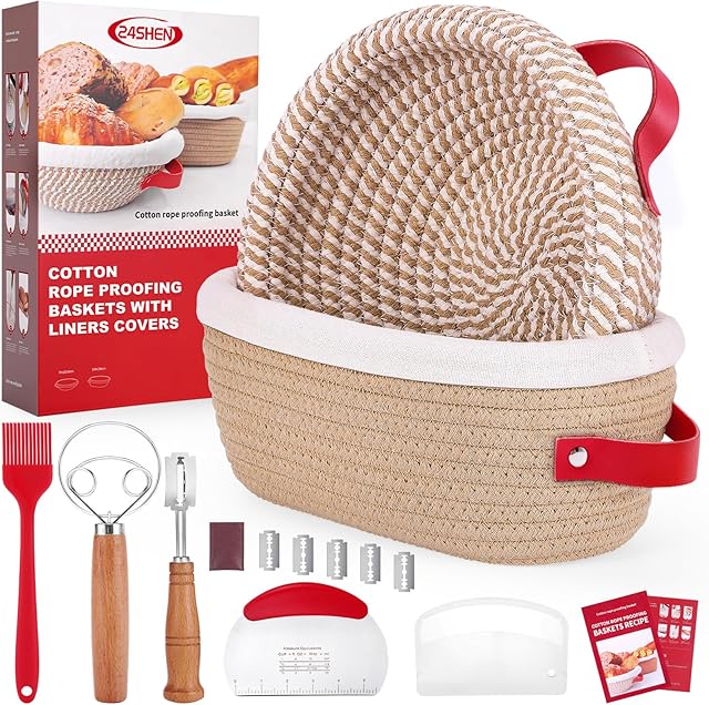 Banneton Bread Proofing Basket Sourdough Bread Baking Supplies, Sourdough Starter Kit with Cotton Rope Banneton Baskets with Line Cover, Bread Lame, Sling, Spatula, Scraper,Dough Whisk