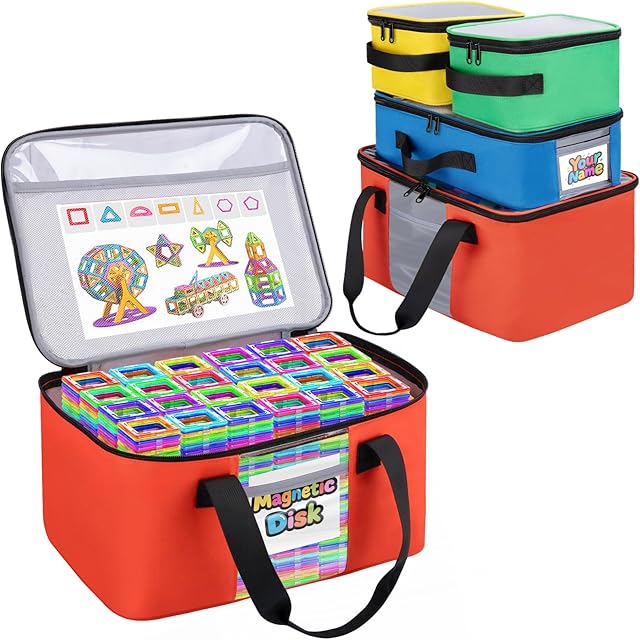 4 PCS Magnetic Tiles Storage Bag, Magnatiles Storage Bin With Visual Top Flap, Label Pocket and Mesh Pockets Fit for LEGO, Building Blocks, Magnetic Tiles, Toy Cars