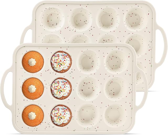 2Pack Silicone Muffin Pan For Baking With Metal Reinforced Frame, 12 Cup Silicone Nonstick Cupcake Pan, BPA Free Silicone Mini Muffin Pan, Cupcake Baking Pan Molds for Oven