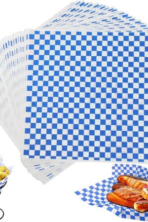 12x12 Inch Checkered Dry Waxed Deli Paper, Food Basket Liner, Greaseproof Wrapping Sheet - 100 Sheets Classic Blue