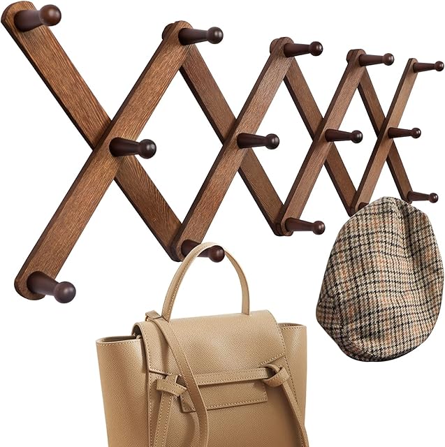 OROPY Wood Accordion Wall Hanger, Expandable Coat Rack Wall Mount with 14 Pegs, Expanding Hat Rack for Wall, X Shape, 27"×10", Walnut Color