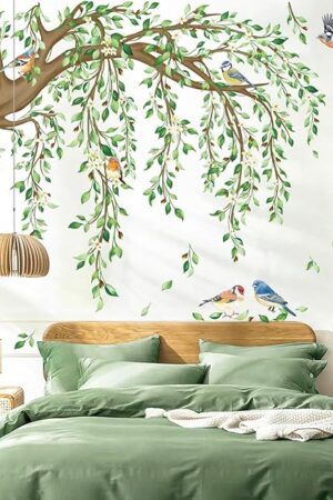 decalmile Large Hanging Vine Wall Decals Tree Branch Green Leaf Flower Birds Wall Stickers Living Room Tv Background Bedroom Wall Decor