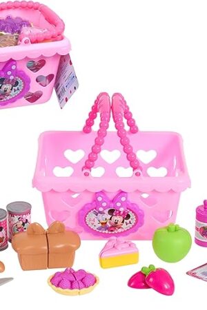 Disney Junior Minnie Bow-Tique Bowtastic Shopping Basket Set with Pretend Food and Accessories, Pretend Play, Kids Toys for Ages 3 Up by Just Play