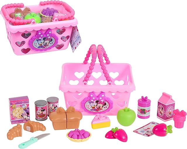 Disney Junior Minnie Bow-Tique Bowtastic Shopping Basket Set with Pretend Food and Accessories, Pretend Play, Kids Toys for Ages 3 Up by Just Play