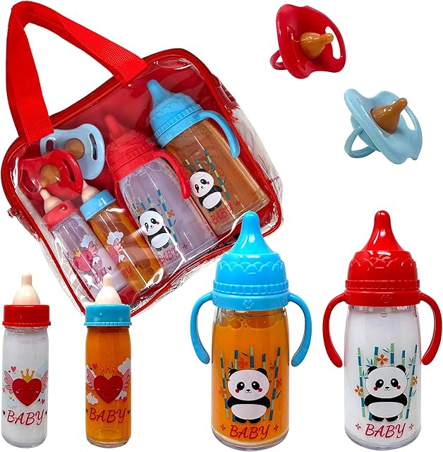 The Baby Doll Bottles with Magic Disappearing Milk & Juice Playset, 6pc Pretend Baby Doll Accessories Set 4 Doll Feeding Toy Bottles and 2 Pacifiers, Great Gift for Kids, Toddlers and Little Girls