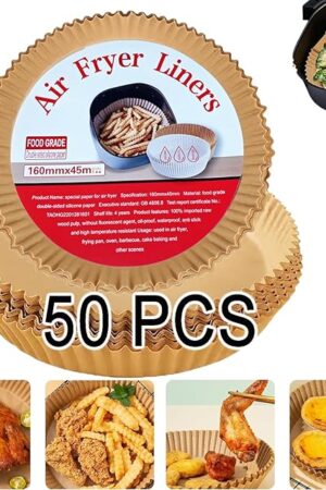 Air Fryer Disposable Paper Liners, Non-stick Oil-proof Parchment Liner Cooking Paper for Easy Cleanup, Great for Air Fryer, Oven, Pans & Baking (50pcs)