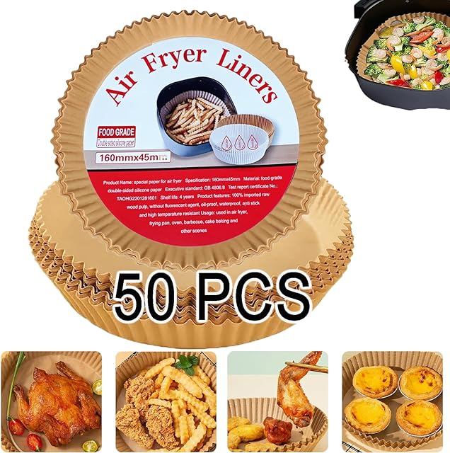 Air Fryer Disposable Paper Liners, Non-stick Oil-proof Parchment Liner Cooking Paper for Easy Cleanup, Great for Air Fryer, Oven, Pans & Baking (50pcs)