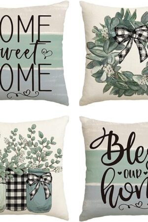 AVOIN colorlife Fall Sweet Home Eucalyptus Lamb Ear Wreath Throw Pillow Covers, 18 x 18 Inch Bless Our Home Buffalo Plaid Cushion Case for Sofa Couch Set of 4