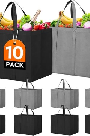 WISELIFE Reusable Grocery Shopping Bags 10 Pack Large Foldable Tote Bags Bulk, Eco Produce Bags with Long Handle for Shopping Groceries Clothes (Grey&Black)