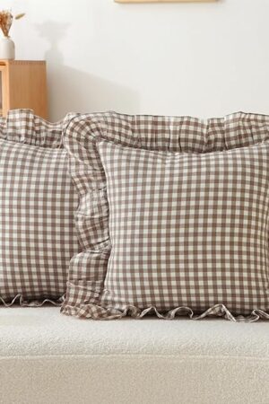 2 Pack 18 x18 inches Warm Taupe/White Checkered Throw Pillow Covers 100% Washed Cotton Vintage Ruffle Trim Decorative Gingham Pillowcases with Zipper Closure for Bed/Living Room