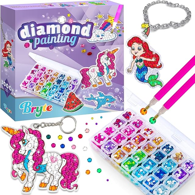 The BRYTE Backpack Bling Kit - Multicolor, 4+ Years, 16 Compartments - Diamond Art Case for Kids, Unicorn & Mermaid Gem Art Set with Keychains, Stickers & Jewelry