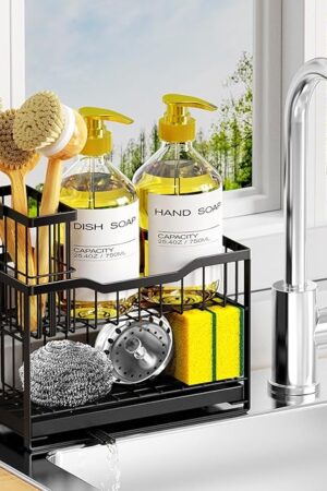 2-Tier Kitchen Sink Caddy with High Brush Holder&Self-Draining Tray,Rustproof&Non-Slip Sink Sponge Holder,Kitchen Countertop Storage Organizer,Soap Dispenser Storage - Black
