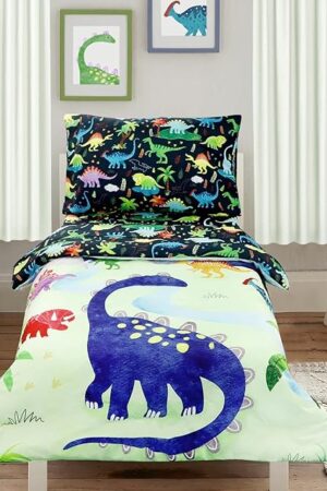 4 Piece Toddler Bedding Set Cartoon Dinosaur Quilted Comforter Fitted Sheet Flat Sheet Pillowcase