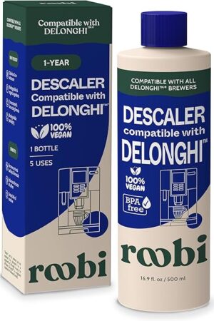 DeLonghi Compatible Descaling Solution. Clean & Descale your DeLonghi Coffee Maker. Single Bottle. Eco-Friendly Concentrated Formula. Carbon Neutral Cleaner Descaler Solution