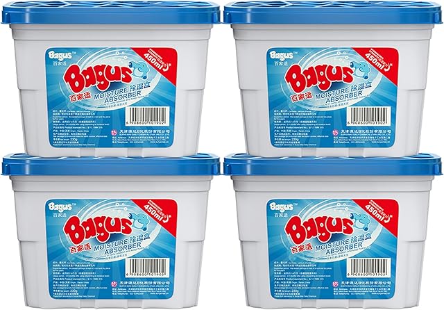 Bagus Moisture Absorbers Boxes (4 Pack) - 10.5 Oz Dehumidification Containers for Closet, Bathroom, Storage, Kitchen, Basement, Car, RV, Boat | Long-Lasting Humidity Control & Odor-Free Solution
