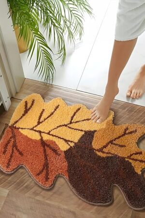DEXDE Fall Bathroom Rugs 20x32 Inches Cute Maple Leaf Bath Mat, Washable Non-Slip Absorbent Microfiber Bath Rug for Tub Shower Autumn Farmhouse Decor, Yellow/Brown/Rust