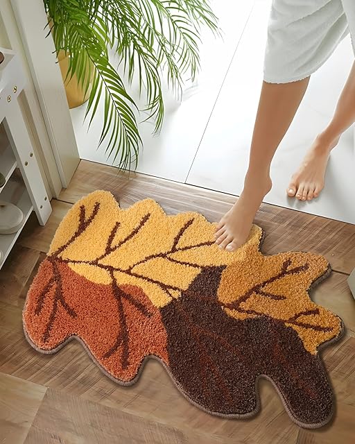 DEXDE Fall Bathroom Rugs 20x32 Inches Cute Maple Leaf Bath Mat, Washable Non-Slip Absorbent Microfiber Bath Rug for Tub Shower Autumn Farmhouse Decor, Yellow/Brown/Rust