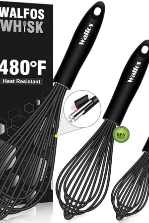 Walfos Silicone Whisk,Stainless Steel Wire Whisk Set of 3 -Heat Resistant 480°F Kitchen Whisks for Non-stick Cookware,Balloon Egg Beater Perfect for Blending,Whisking,Beating,Frothing & Stirring,Black