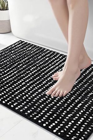 Bathroom Rugs 24'' x 17'', Extra Soft & Super Absorbent Bath Rugs Mat Non Slip Machine Washable, Quick Dry Bath Mats, Shaggy Microfiber Chenille Bath Rug for Bathroom Floor, Tub and Shower, Black