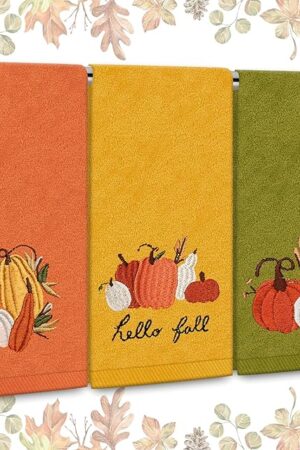 3Pcs Fall Pumpkin Hand Towels Embroidered Pumpkin Cotton Bathroom Towels Autumn Colors Dish Towels for Thanksgiving Drying Cleaning Cooking Gift, 29.5 x 13.7 Inch