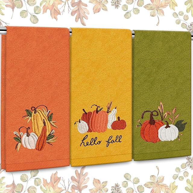 3Pcs Fall Pumpkin Hand Towels Embroidered Pumpkin Cotton Bathroom Towels Autumn Colors Dish Towels for Thanksgiving Drying Cleaning Cooking Gift, 29.5 x 13.7 Inch