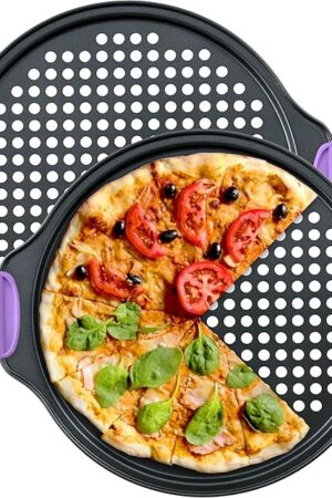 Amazing Abby - Chef Stacy - 2-Pack 13-Inch Non-Stick Pizza Pan with Holes, Perforated Pizza Crisper with Heat-Resistant Silicone Handle Grips, Oven-Safe Bakeware, Carbon Steel Baking Pan for Oven