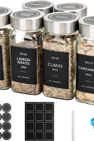 6 Pcs Glass Spice Jars with Label, 4oz Spice Jars with Lids, Seasoning containers Set, Comes with spice bottle caps, Silicone Collapsible Funnel,chalk, for Spice Rack, Cabinet, Drawer