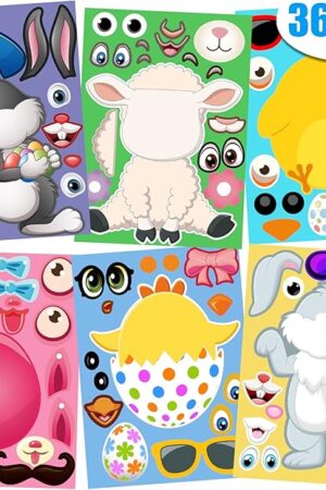 The ROCWOHO 36 PCS Mix and Match Make Your Own Stickers with Easter Egg, Bunny, Chicken, Sheep, Easter Decorations Party Favor Supplies Game Birthday School Classroom Supplies DIY Art Crafts for Kids