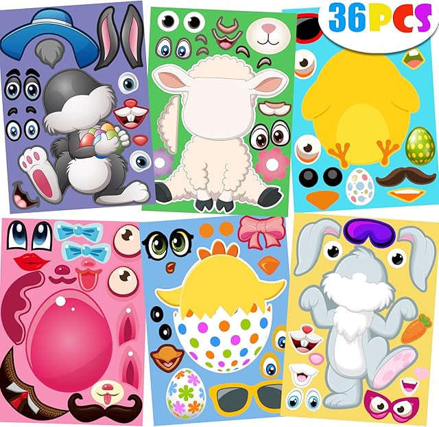 The ROCWOHO 36 PCS Mix and Match Make Your Own Stickers with Easter Egg, Bunny, Chicken, Sheep, Easter Decorations Party Favor Supplies Game Birthday School Classroom Supplies DIY Art Crafts for Kids