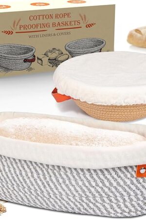 Banneton Bread Proofing Basket – Oval & Round Handmade Cotton Rope Sourdough Proofing Basket with Liner & Cover (Perfect for Sourdough & Artisan Bread Set (1 Round 1 Oval)