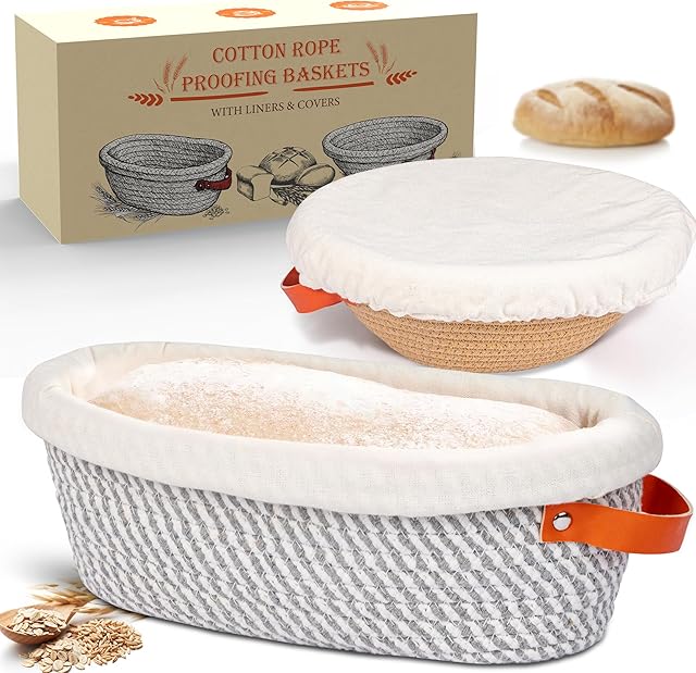 Banneton Bread Proofing Basket – Oval & Round Handmade Cotton Rope Sourdough Proofing Basket with Liner & Cover (Perfect for Sourdough & Artisan Bread Set (1 Round 1 Oval)