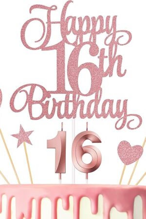16th Birthday Cake Decorations, 16th Birthday Candles Cake Numeral Candles and Glitter Happy 16th Birthday Cake Toppers Set for Birthday Party Supplies (Rose Gold)