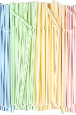 Comfy Package [400 Pack] 7.75" High Flexible Plastic Straws, Disposable Drinking Straws - Striped Assorted Colors