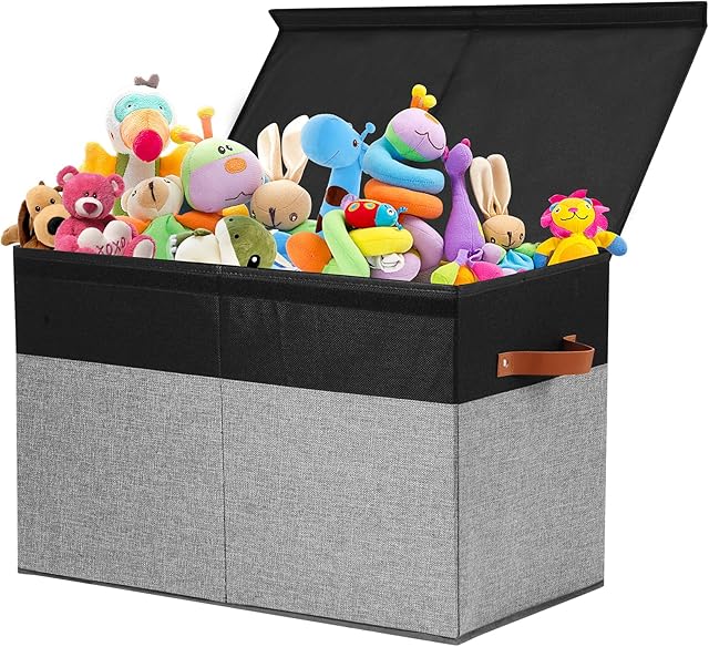 Large Toy Storage Box with Lid, Sturdy Toys Storage Chest Bin Organizer Basket with Dividers for Kids, Boys, Girls, Nursery, Closet, Bedroom, Playroom 25"x13" x16" (Black and Grey)
