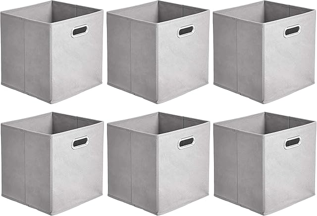 Amazon Basics Collapsible Cube Storage Organizer Bins, 6-Pack, 10.5 x 10.5 x 11 inches, Light Grey