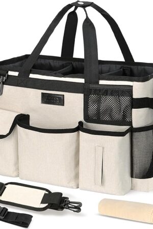Cleaning Caddy Organizer Large Caddy Bag for House & Bathroom Cleaning Supplies 15 x 8 x 10.5 inches Beige