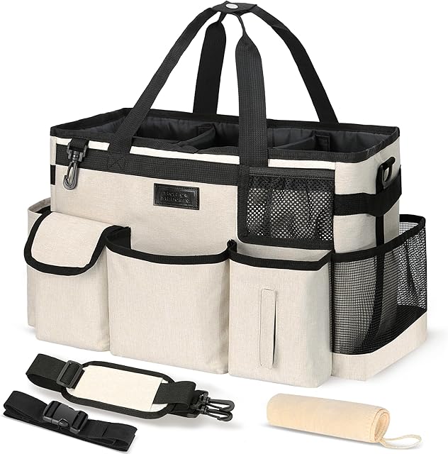 Cleaning Caddy Organizer Large Caddy Bag for House & Bathroom Cleaning Supplies 15 x 8 x 10.5 inches Beige