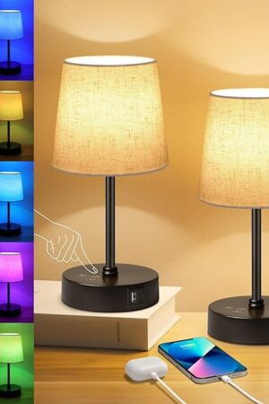 Ascher Small Bedside Table lamp Set of 2, RGB Color Changing Lamps, 3 Color Temperatures, Dimmable Nightstand Lamp with USB C+A Ports, Touch Desk Lamp for Bedroom Living Room, H11.4in(Flaxen Shade)