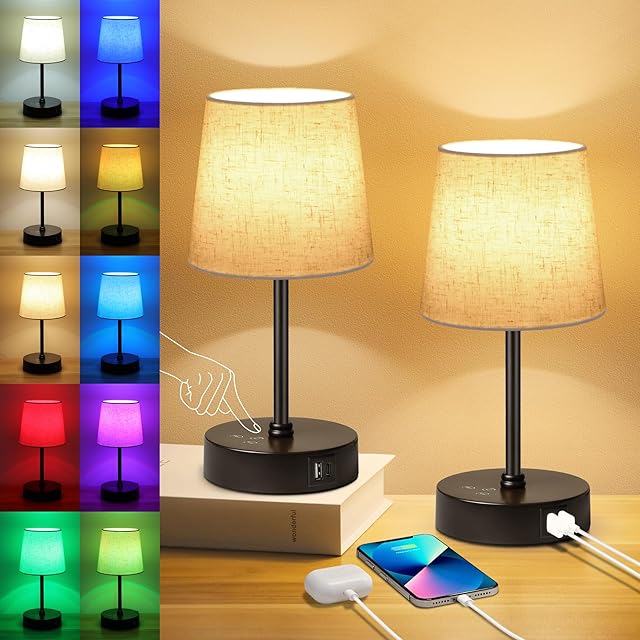 Ascher Small Bedside Table lamp Set of 2, RGB Color Changing Lamps, 3 Color Temperatures, Dimmable Nightstand Lamp with USB C+A Ports, Touch Desk Lamp for Bedroom Living Room, H11.4in(Flaxen Shade)