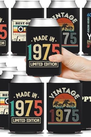 1975 Vintage Can Cooler Holder Sleeves for Men Women Fifty 50th Birthday, Cheers To 50 Year Anniversary Celebration Party Decorations Supplies