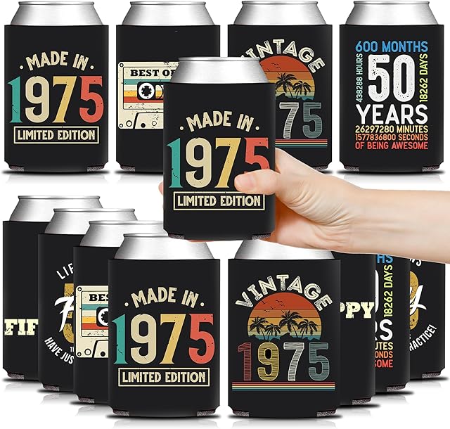 1975 Vintage Can Cooler Holder Sleeves for Men Women Fifty 50th Birthday, Cheers To 50 Year Anniversary Celebration Party Decorations Supplies