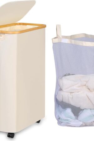 75L Slim Laundry Hamper with Wheels,Clothes Hamper for Laundry,Laundry Basket with Lid & Inner Bag,for Laundry Room, Bedroom, Dormitory Organization,Beige