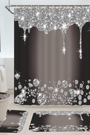 4 Pcs Glitter Diamond Shower Curtain Sets, Black Silver Shiny Drips Bath Decor with Mat and Toilet Lid Cover, Deep Grey Luxury Texture Colorful Bling Modern Bathroom Curtain with 12 Hooks, 72 x 72 in
