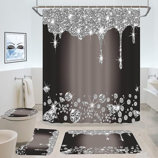 4 Pcs Glitter Diamond Shower Curtain Sets, Black Silver Shiny Drips Bath Decor with Mat and Toilet Lid Cover, Deep Grey Luxury Texture Colorful Bling Modern Bathroom Curtain with 12 Hooks, 72 x 72 in