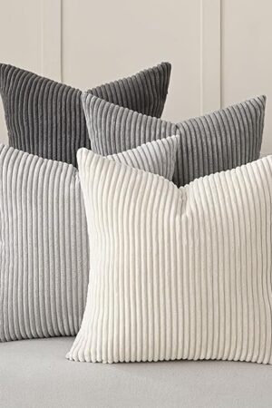 Volcanics Set of 4 Neutral Grey Corduroy Decorative Couch Throw Pillow Covers 18x18 Inch, Western Modern Farmhouse Striped Cushion Cases, Soft Boho Square Accent Pillow Covers for Home Sofa