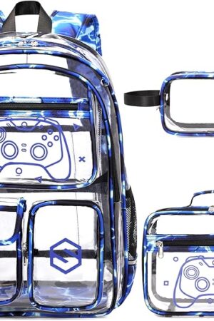 3PCS Cool Luminous Clear Backpack for Boys Kids, Gamer Bookbag for School, See Through PVC Transparent Backpacks with Lunch Bag Pencil Case, Clear Backpack Heavy Duty for School Stadium