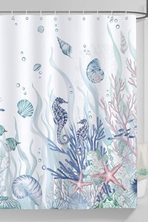 Bonhause Nautical Coastal Shower Curtain, Ocean Themed Coral Seahorse Seashell Starfish Beach Shower Curtain, 72x72 Inch Polyester Fabric Waterproof Bathroom Curtain with 12 Hooks