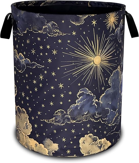 Beautiful Sun Stars Moon Laundry Basket Oxford Cloth Clouds Laundry Hamper With Handle Foldable Portable Clothes Storage Basket 18.9 X 16.5 In Storage Bag For Laundry Room/Bathroom/Bedroom/Dormitories