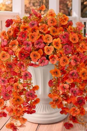 Artificial Fall Flowers for Outdoor, 4 Pcs Faux Pansy Fake Mums Plant Hanging Flowers Outdoor Fall Decor, UV Resistant Silk Flower for Front Door Porch Planter Patio Yard Garden(Orange Autumn Red)
