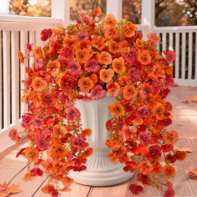 Artificial Fall Flowers for Outdoor, 4 Pcs Faux Pansy Fake Mums Plant Hanging Flowers Outdoor Fall Decor, UV Resistant Silk Flower for Front Door Porch Planter Patio Yard Garden(Orange Autumn Red)